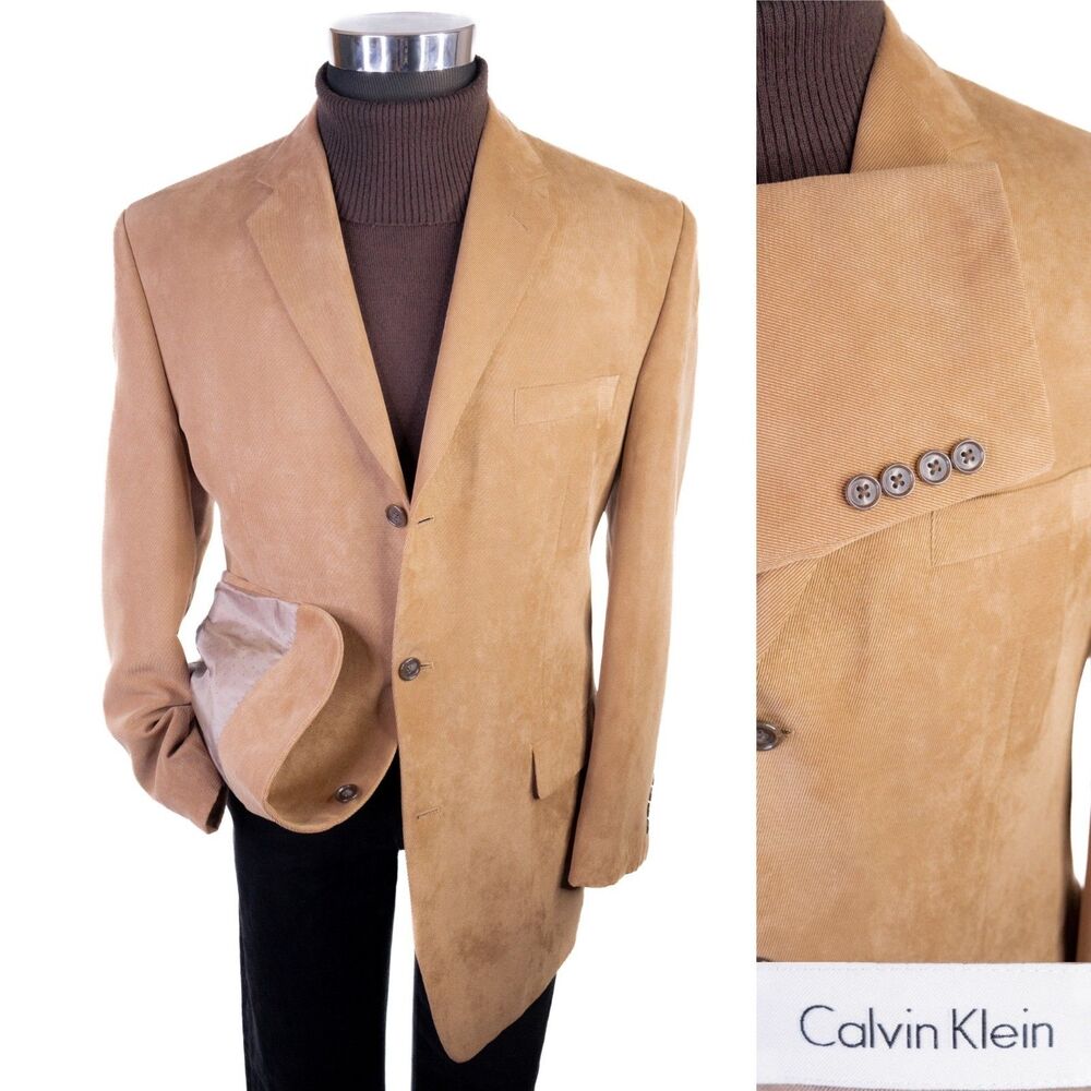 Calvin Klein Sport Coat Three Button Sz 40R Jacket Blazer Beige Polyester Blend